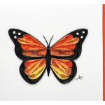 Quilled butterfly artwork in black, orange, and yellow on a white background