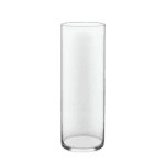Tall clear glass cylinder vase on a white background