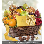 Gift basket filled with assorted fresh fruit and Godiva chocolates with a gold ribboned box.