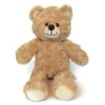 Tan teddy bear plush toy sitting on a white background