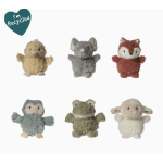 Six small plush animal toys arranged on a white background