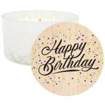 White candle with a "Happy Birthday" label