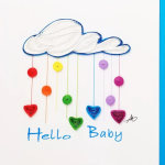 Colorful paper cloud with hanging hearts and "Hello Baby" text