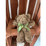 Small brown teddy bear with a green ribbon bow