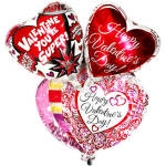 Cluster of heart-shaped Valentine’s Day balloons with red and pink designs