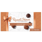 Box of assorted Russell Stover chocolates with a ribbon graphic