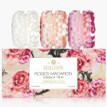 Three faceted glass candles in a rose-patterned box