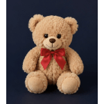 Plush teddy bear with a red bow on a dark background