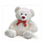 White teddy bear with a red bow on a plain background