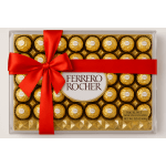 Box of Ferrero Rocher chocolates tied with a red ribbon