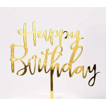 Gold "Happy Birthday" cake topper on a white background