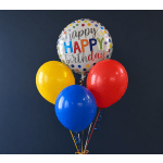 Cluster of birthday balloons with a large "Happy Birthday" foil balloon
