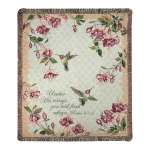 Light blue woven throw blanket with pink floral border, hummingbirds, and Psalm 91:4 text.