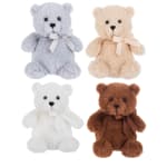 Four plush teddy bears in pastel and brown colors with ribbons