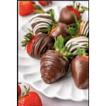 Chocolate-covered strawberries on a white serving plate