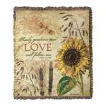 Woven throw blanket with sunflower illustration and Psalm 23:6 verse in warm neutral tones