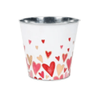 White cup with multicolored heart pattern and silver rim