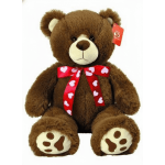 Brown teddy bear with a red heart ribbon