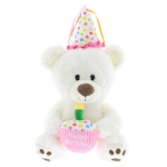 White teddy bear wearing a party hat and holding a cupcake