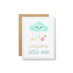 Greeting card with a smiling cloud and "welcome little one" text