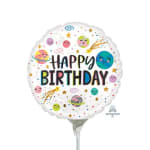 Round birthday balloon with colorful planets and stars