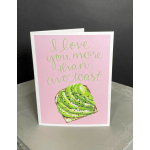 Pink greeting card with avocado toast illustration and handwritten text