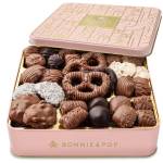 Pink tin box of assorted chocolate-covered treats