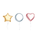 Three metallic balloons: a gold star, silver circle, and pink heart