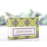 Bar of handmade rosemary lemon mint soap in patterned paper wrap