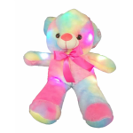 Rainbow pastel teddy bear plush with glowing multicolor lights and a pink bow