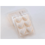 Heart-shaped white wax melts in a clear plastic clamshell package