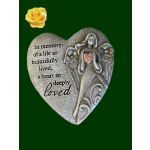 Heart-shaped memorial plaque with an angel and a yellow rose