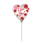 Heart-shaped balloon with "I Love You" text and floral print on a stick