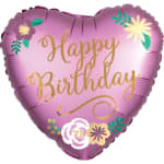 Heart-shaped pink birthday balloon with floral accents