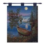 Decorative wall hanging with a moonlit lake scene and Bible verse text