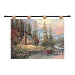 Landscape wall tapestry with a cabin by a river