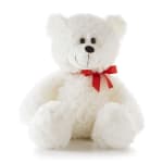 White teddy bear with a red ribbon bow
