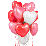 Cluster of heart-shaped balloons in pink, red, and white