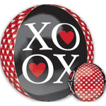 Round black gift box with XO and red heart graphics