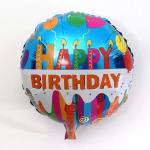 Round birthday balloon with colorful "Happy Birthday" text