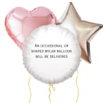 Three metallic balloons in heart, star, and round shapes