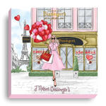 Illustrated gift box with a woman holding heart balloons outside a pink shop