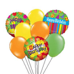 Cluster of birthday balloons with colorful printed foil balloons and solid latex balloons
