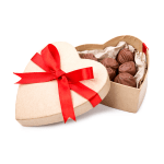 Heart-shaped box of chocolates with a red ribbon