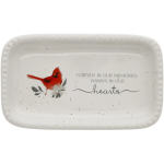 White rectangular tray with a red cardinal and memorial text