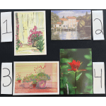 Four floral art prints arranged on a dark background with numbered cards.