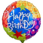 Round birthday balloon with colorful stars and "Happy BirthDay" text