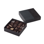 Box of assorted chocolates in a black gift box