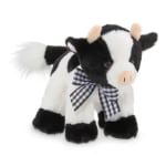 Plush black-and-white cow with a checkered bow
