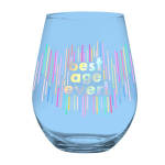 Blue stemless glass with colorful "best age ever!" text
